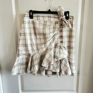 Veronica Beard Kaia Tan & White Check Plaid Mini Skirt Size Medium